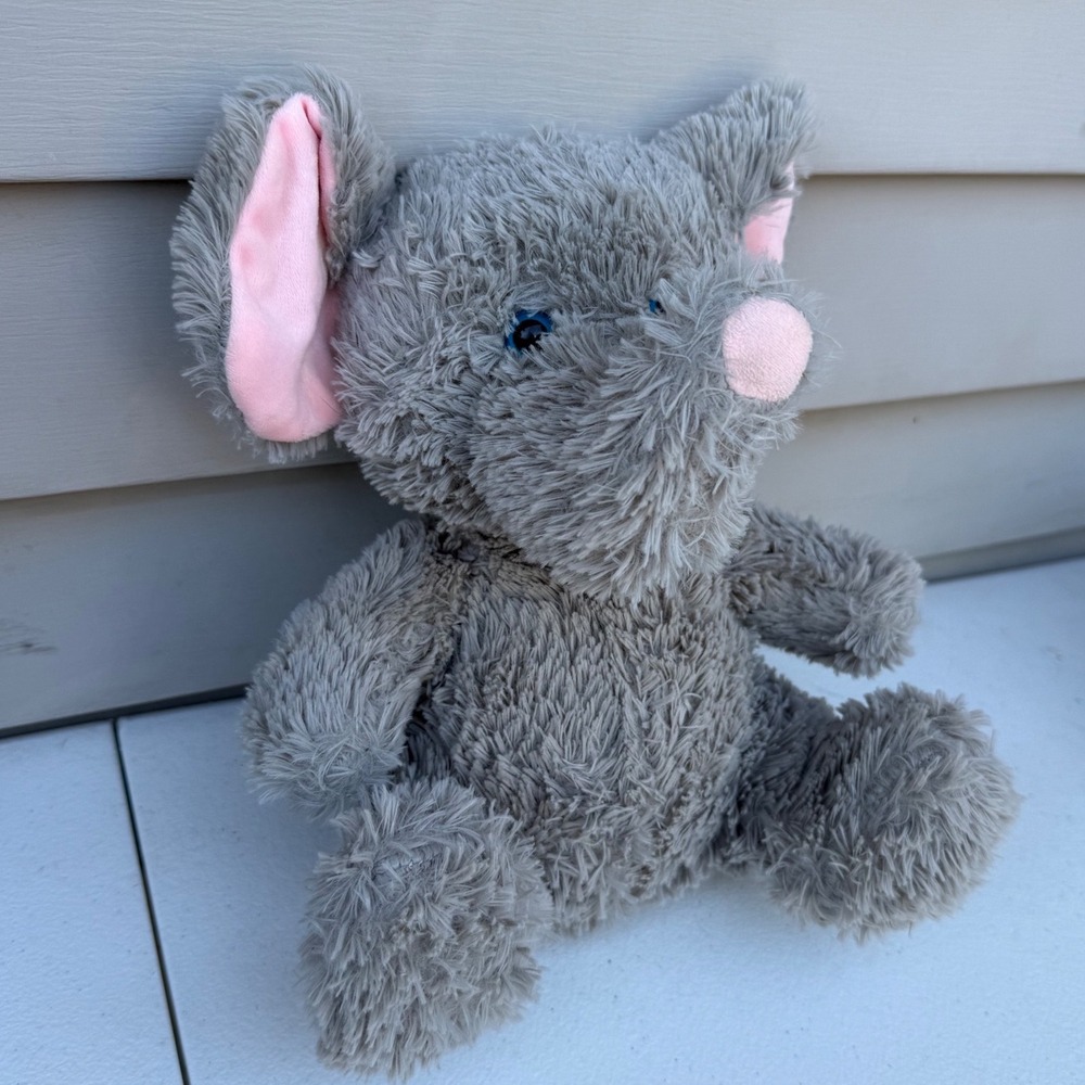 Grey Shaggy Elephant Plush Stuffed Animal Pink Ears Blue Eyes Soft Toy Seated